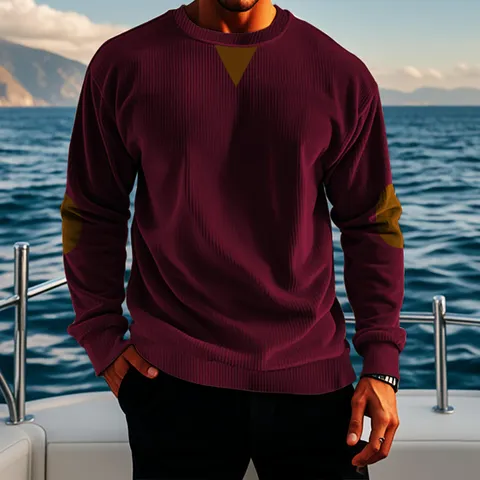 Felpa in Velluto a Coste da Uomo Vintage a Maniche Lunghe Girocollo Con Toppe sui Gomiti Pullover Patchwork a Contrasto Casual