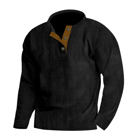 Men's Casual Corduroy Henley Sweatshirt Vintage Round Neck Contrast Button Placket Long Sleeve Pullover Solid Color Top