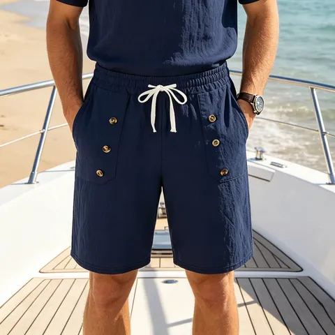 Men's Casual Cotton Linen Cargo Shorts Summer Thin Breathable Multi-Pocket Drawstring Loose Fit Work Shorts For Sports Beach Outdoor Travel