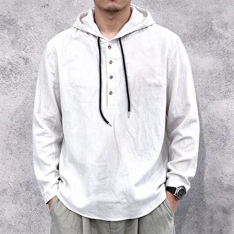 Men's Linen Hooded Shirt Long Sleeve Henley Neck Drawstring Hoodie Casual Loose Fit Lightweight Breathable Solid Color Summer Beach Top