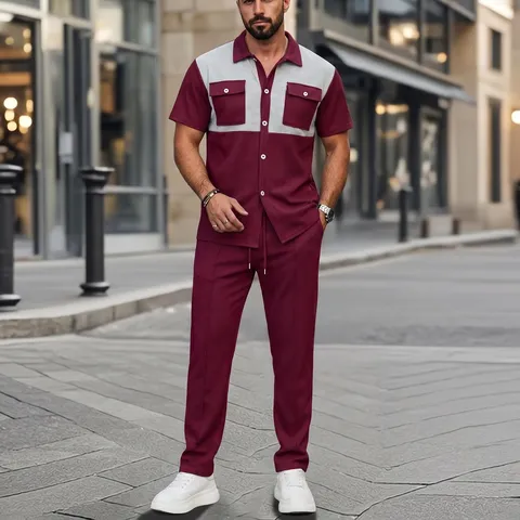 Herren Waffelstrick Patchwork Freizeitset Kurzarm Hemd Top Und Bottom Passende Outfits Smart Casual Sommer Streetwear