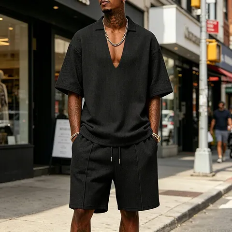 Men's Casual Waffle Knit Tracksuit Solid Color V Neck Short Sleeve Top And Bottom Set Breathable Summer Outfit