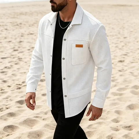 Men's Casual Waffle Knit Button Down Shirt Long Sleeve Solid Color Lapel Collar Cargo Top With Pockets Polyester Windproof Shirt