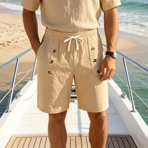 Men's Casual Cotton Linen Cargo Shorts Summer Thin Breathable Multi-Pocket Drawstring Loose Fit Work Shorts For Sports Beach Outdoor Travel
