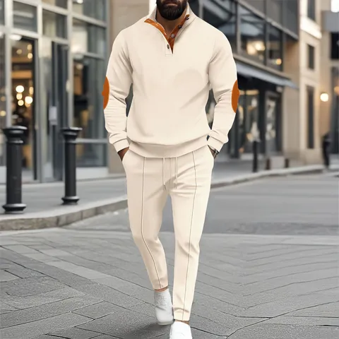 Herren Amerikanisches Casual Waffelstrick Sweatshirt Set Halbreißverschluss Stehkragen Langarm Top Und Hose Outfits