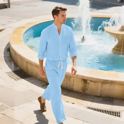 Men Casual Cotton Linen Top And Bottom Long Sleeve Stand Collar Shirt And Drawstring Pants Relaxed Fit Lightweight Breathable Suit