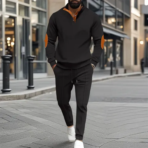 Herren Amerikanisches Casual Waffelstrick Sweatshirt Set Halbreißverschluss Stehkragen Langarm Top Und Hose Outfits