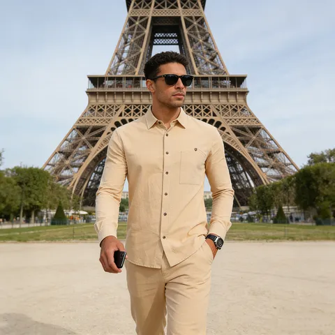 Men's Business Casual Linen Shirt Long Sleeve Pocket Breathable Vacation Top Linen Blend Button Down Shirt For Men Beach Casual Summer Shirt