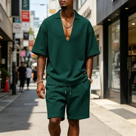 Men's Casual Waffle Knit Tracksuit Solid Color V Neck Short Sleeve Top And Bottom Set Breathable Summer Outfit