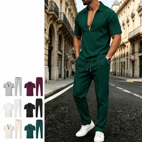 Herren Casual Waffelstrick Zweiteiler Tiefer V-Ausschnitt Kurzarm Top Und Bottom Matching Outfits Überschnittene Schulter Sommeranzug