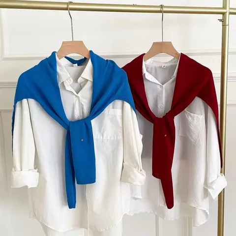 Korean Minimalist Knitted Shawl Fake Collar Scarf Solid Color Open Front Cardigan Shrug Winter Fall Daily Women