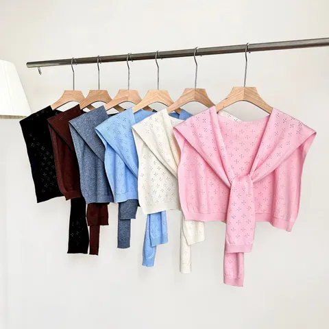 Women Korean Style Hollow Out Floral Knitted Shawl Summer Thin Air Condition Room Shrug Cape Outerwear Cardigan Scarf