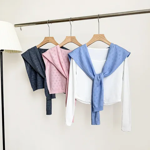 Women Korean Style Hollow Out Floral Knitted Shawl Summer Thin Air Condition Room Shrug Cape Outerwear Cardigan Scarf