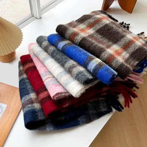 Vintage Contrast Color Plaid Tassel Scarf Wool Blend Thickened Warm Winter Shawl Unisex Fashion Accessories