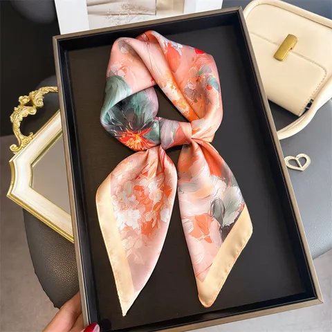 Women's Fashion Satin Square Scarf Vintage Floral Printed Neck Scarf Elegant Head Scarf Hair Band