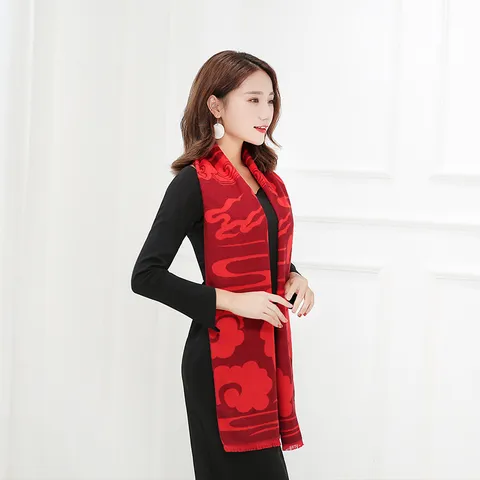 China Red Imitation Cashmere Scarf Winter Warm Long Shawl Baifu Auspicious Pattern Tassel Scarf For Party Festival
