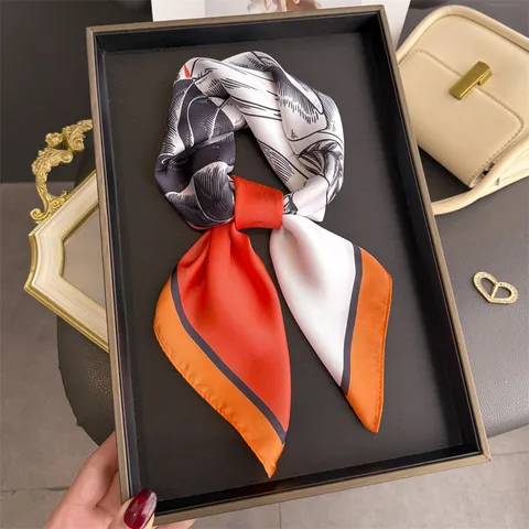 Women Fashion Contrast Color Printed Scarf Elegant Square Satin Scarf Headwear Neck Scarf For Daily Commute