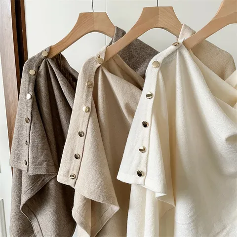 Women's Knitted Shawl Cape Winter Warm Scarf Solid Color Metal Button Poncho Fashion Casual Wrap Shawls Outerwear