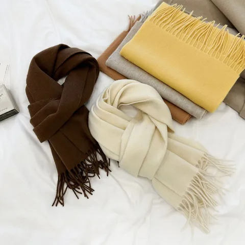 Women Wool Scarf Winter Warm Solid Color Tassel Wrap Maillard Style Fashion Versatile Soft Long Neck Scarf