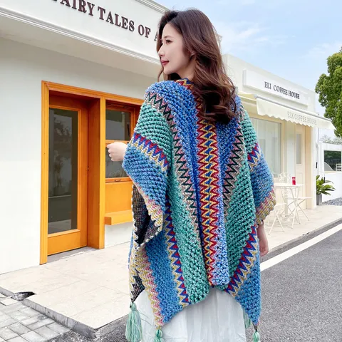 Women Ethnic Style Knitted Shawl Cape Vintage Geometric Wave Pattern Fringe Poncho Travel Outerwear Winter Warm Cloak