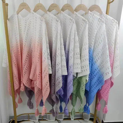 Women's Bohemian Gradient Lace Hollow Out Shawl Lightweight Sun Protection Cape Tassel Beach Scarf Outerwear