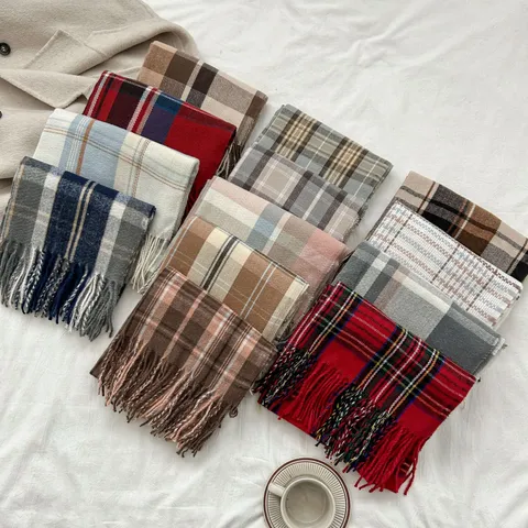 Women Men Plaid Scarf Polyester Tassel Shawl Winter Warm Soft Checkered Neckerchief Fashion Daily Accessories