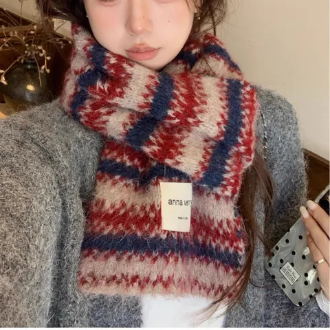 Winter Warm Wool Blend Knitted Scarf Fair Isle Retro Striped Long Scarf For Women Men Couple Cold Weather