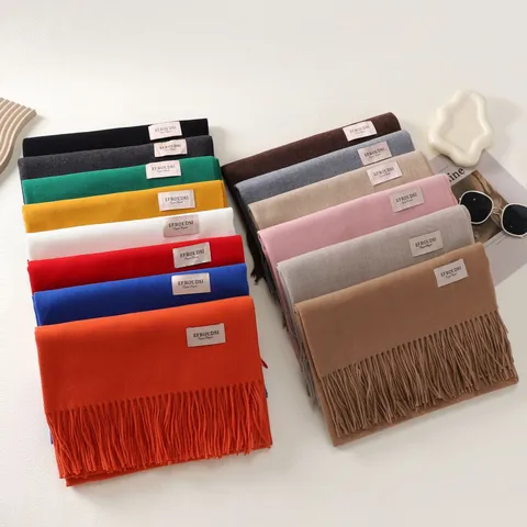 Women Winter Warm Long Scarf Viscose Solid Color Tassel Thickened Soft Versatile Fashion Neck Warmer Shawl