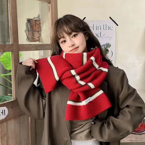 Korean Style Striped Knitted Scarf For Women Winter Thick Warm Viscose Casual Fashion Long Neck Scarf