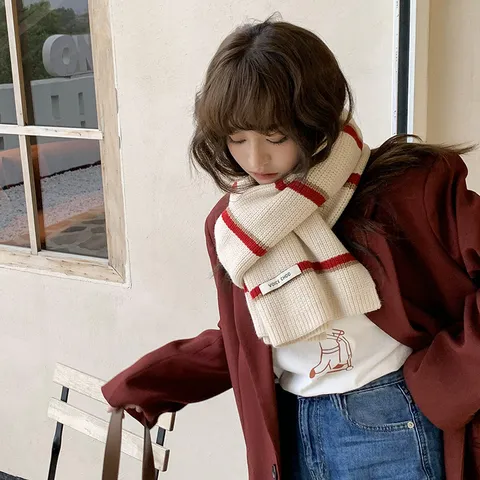 Korean Style Striped Knitted Scarf For Women Winter Thick Warm Viscose Casual Fashion Long Neck Scarf
