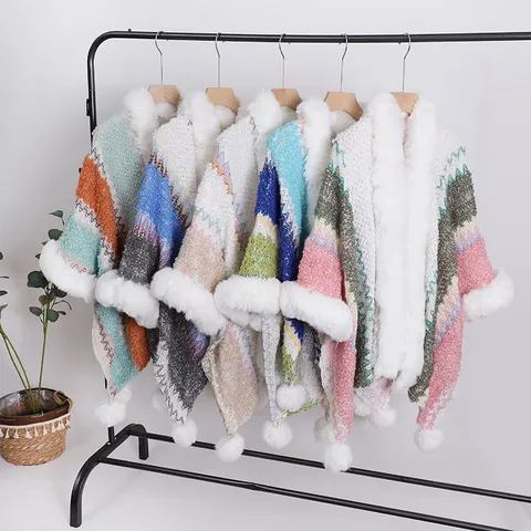 Women Ethnic Style Faux Fur Collar Pom Pom Trimmed Geometric Jacquard Polyester Knit Cape Shawl Winter Warm Outerwear