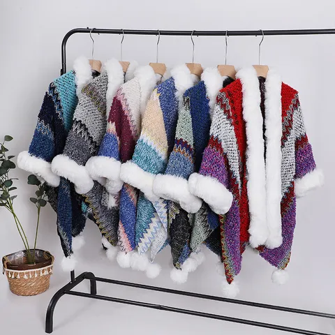 Women Ethnic Style Faux Fur Collar Pom Pom Trimmed Geometric Jacquard Polyester Knit Cape Shawl Winter Warm Outerwear