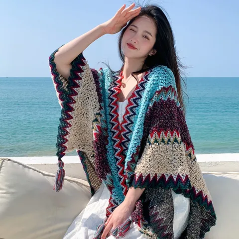 Women's Ethnic Style Knitted Shawl Cape Bohemian Geometric Wave Pattern Tassel Open Front Poncho Outerwear