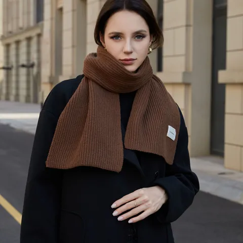 Women Winter Solid Color Polyester Knitted Scarf Warm Thickened Casual Korean Style Neck Warmer Scarf