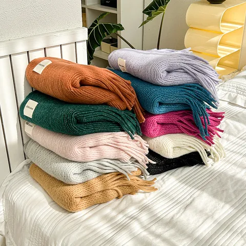 Women's Winter Solid Color Long Tassel Scarf Soft Thick Warm Knitted Neck Warmer Fashion Accessories