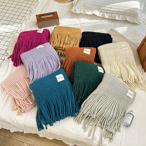 Women's Winter Solid Color Long Tassel Scarf Soft Thick Warm Knitted Neck Warmer Fashion Accessories