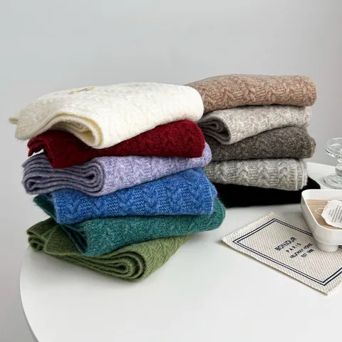 Women Winter Warm Knitted Scarf Wool Blend Solid Color Twist Knit Long Scarves