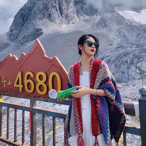 Women Ethnic Style Geometric Wave Knitted Shawl Cape Tassel Soft Warm Open Front Poncho Wrap Scarf For Travel Daily