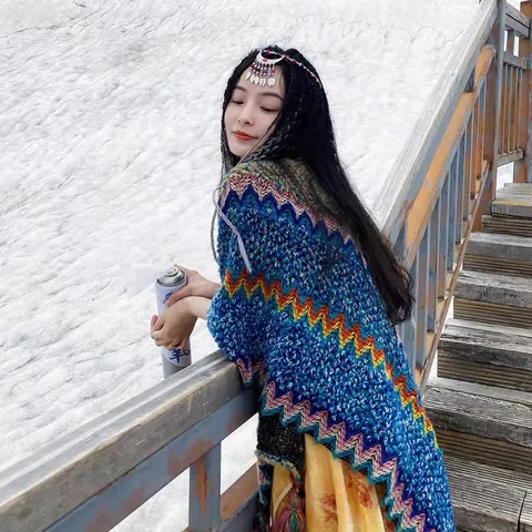 Women Ethnic Style Geometric Wave Knitted Shawl Cape Tassel Soft Warm Open Front Poncho Wrap Scarf For Travel Daily