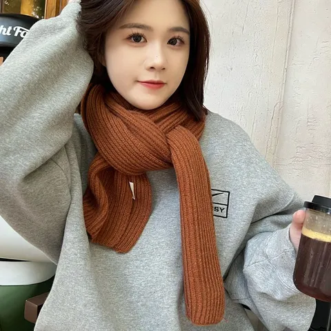 Korean Style Thick Warm Knit Scarf For Women And Men Winter Solid Color Versatile Polyester Neck Warmer