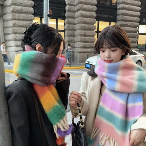 Women Winter Warm Colorblocked Striped Tassel Pom Pom Scarf Fashion Long Thickened Neck Wrap Cold Weather Outdoor Accessories