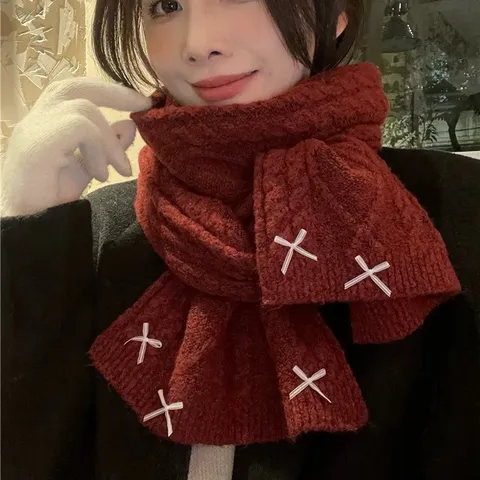 Sweet Bowknot Knitted Wool Scarf Solid Color Winter Warm Neck Protection Scarf For Women Daily Fashion Accessories