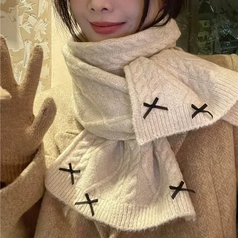 Sweet Bowknot Knitted Wool Scarf Solid Color Winter Warm Neck Protection Scarf For Women Daily Fashion Accessories