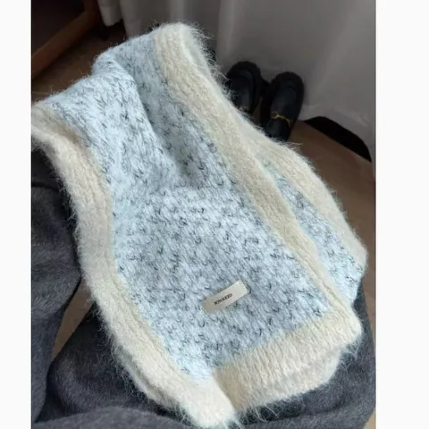 Women Winter Warm Scarf Korean Style Color Block Plush Knitted Shawl Soft Thermal Neck Warmer Fashion Daily Scarf