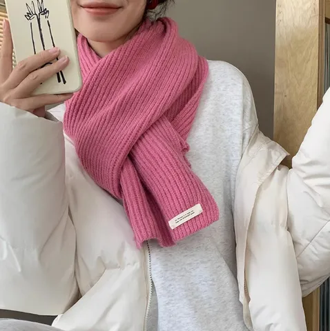 Winter Warm Solid Color Knitted Scarf For Women Men Casual Soft Polyester Scarf With Woven Label Neck Warmer Scarf