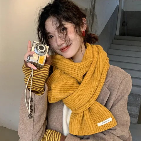 Winter Warm Solid Color Knitted Scarf For Women Men Casual Soft Polyester Scarf With Woven Label Neck Warmer Scarf