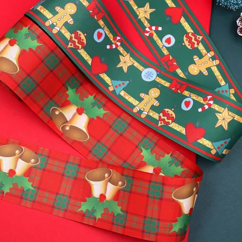 75mm Christmas Ribbon Double-Sided Heat Transfer Printed Polyester Webbing For Xmas Tree Decoration DIY Bow Gift Wrapping Festive Supplies