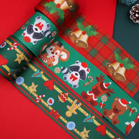 75mm Christmas Ribbon Double-Sided Heat Transfer Printed Polyester Webbing For Xmas Tree Decoration DIY Bow Gift Wrapping Festive Supplies