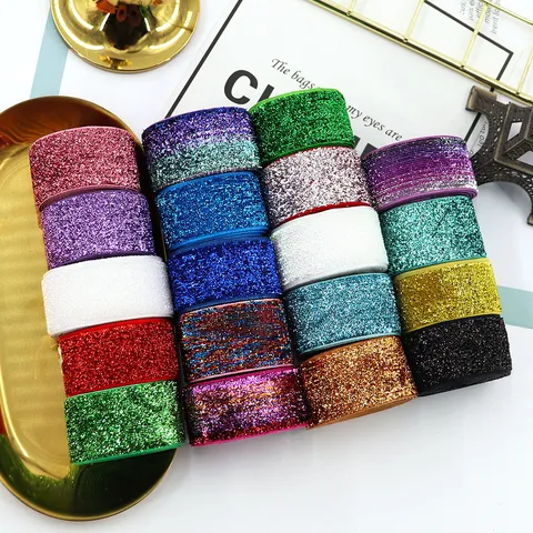 Glitter Flocking Polyester Ribbon Sparkling Metallic Craft Ribbon For DIY Bows Hair Accessories Garland Wedding Gift Wrapping Garment Craft Decoration
