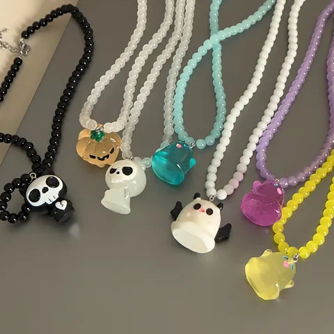 Halloween Luminous Ghost Pumpkin Pendant Necklace Quirky Beaded Strand Chain Handmade Resin Charm Choker Jewelry Gift For Unisex Party